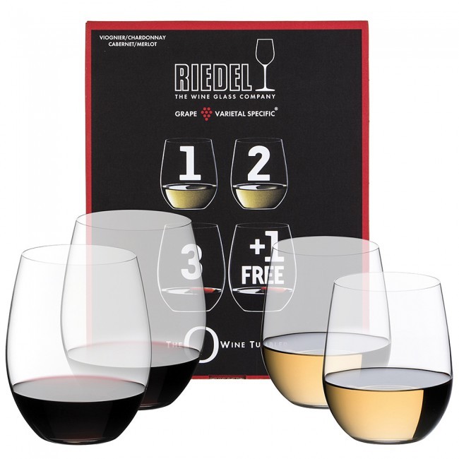 Riedel Stemless "O" 2-Cab/Merlot + 2-Viogner/Chard - Mixed Set of 4 (2ea)